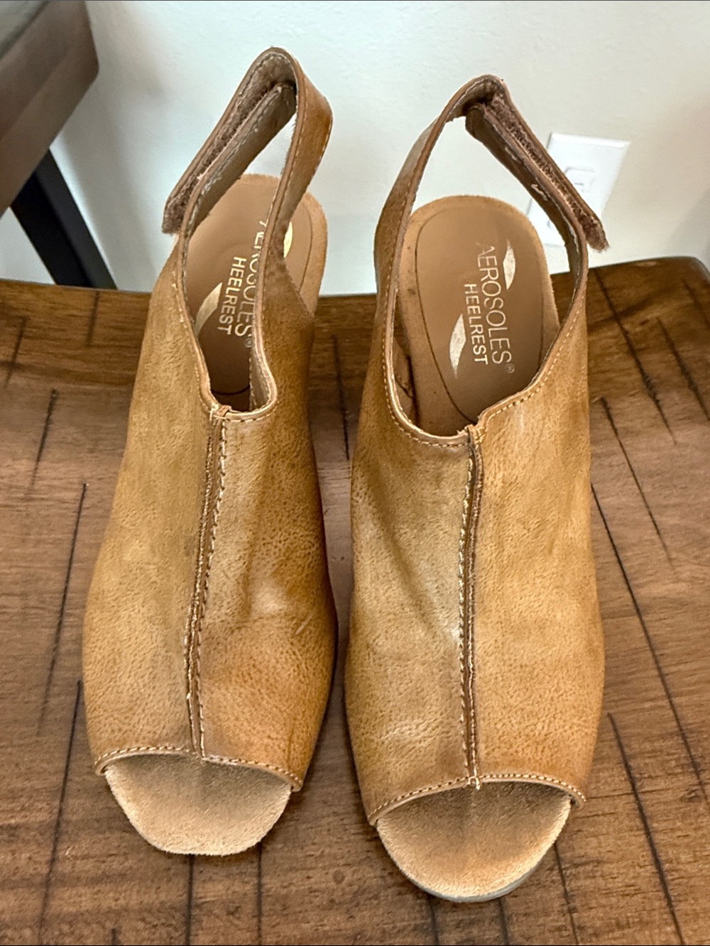 AEROSOLES Tan Suede Open-Toe Slingback Mules